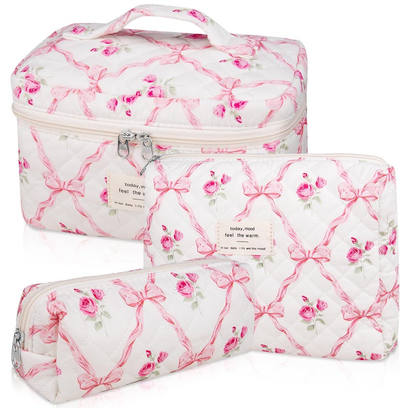3PC Makeup Bag Set Quilted Makeup Bag Large Floral Cosmetic Bag for Women Cute Cotton Makeup Bags Flower Travel Toiletry Organizer Bag Pink Flower